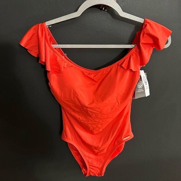 Vince Camuto Ruffle Off The Shoulder OnePiece Swimsuit Sz 6 NWT Bright CoralRed - Picture 6 of 9